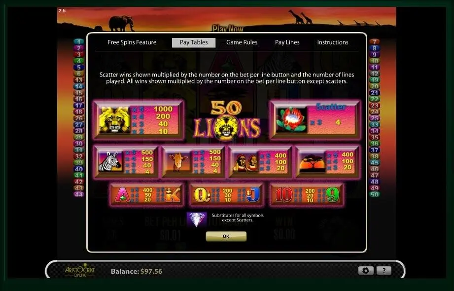 50 lions slot symbols