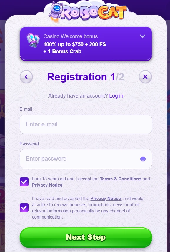 Create account at Robocat